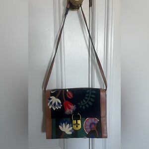 Leather Crossbody Shoulder Bag with Floral Appliqué - Black/Brown